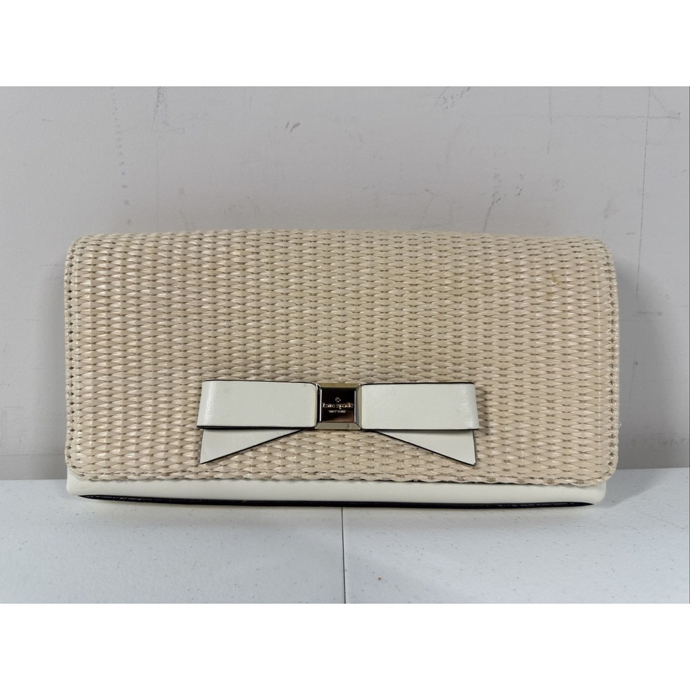 KATE SPADE Montford Park Straw‎ Keira Bow Clutch Purse Cream Natural Leather Bag